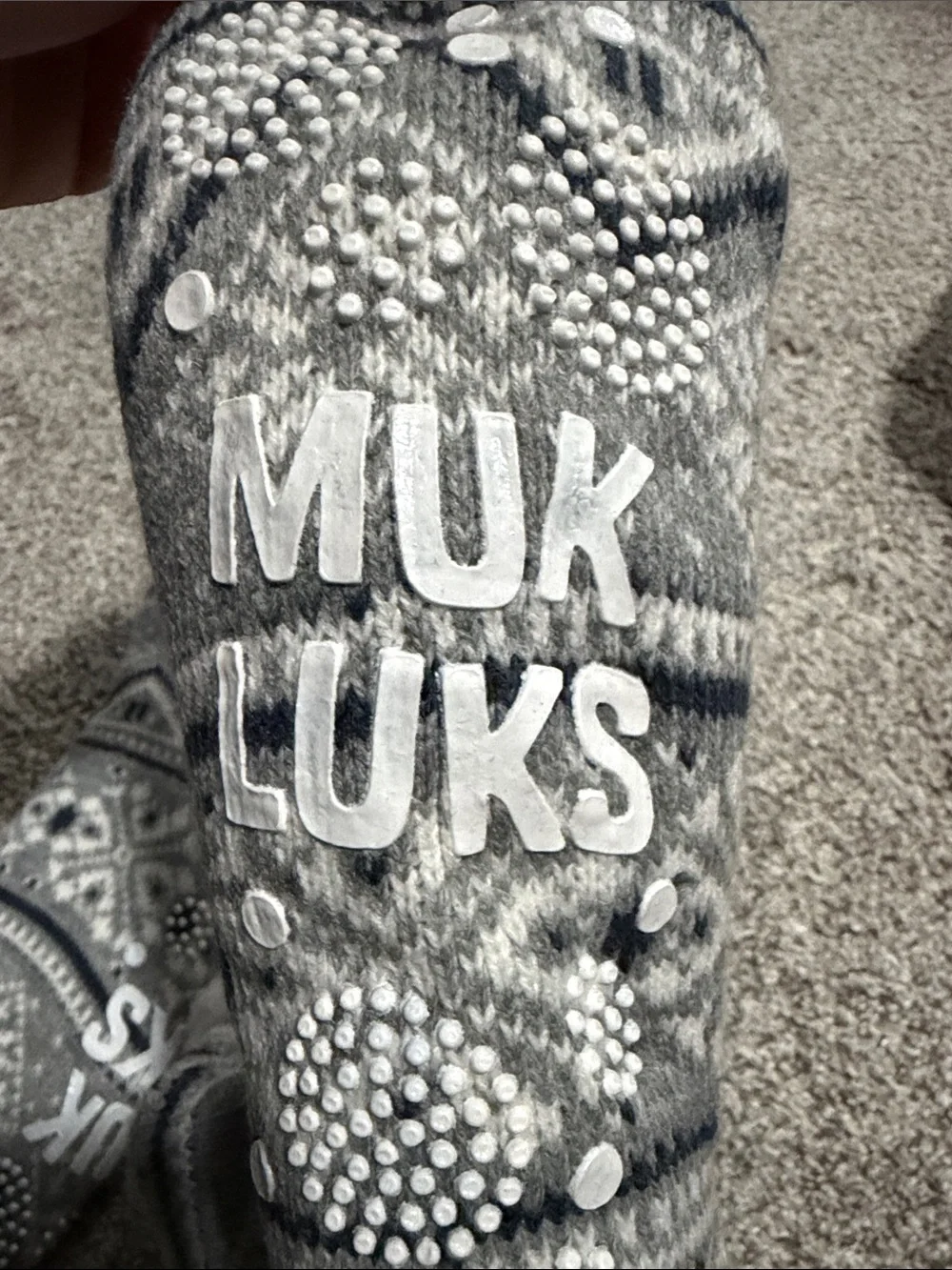 Muk Luks Gray and White Fair Isle Sherpa-Lined Gripper Slipper Socks